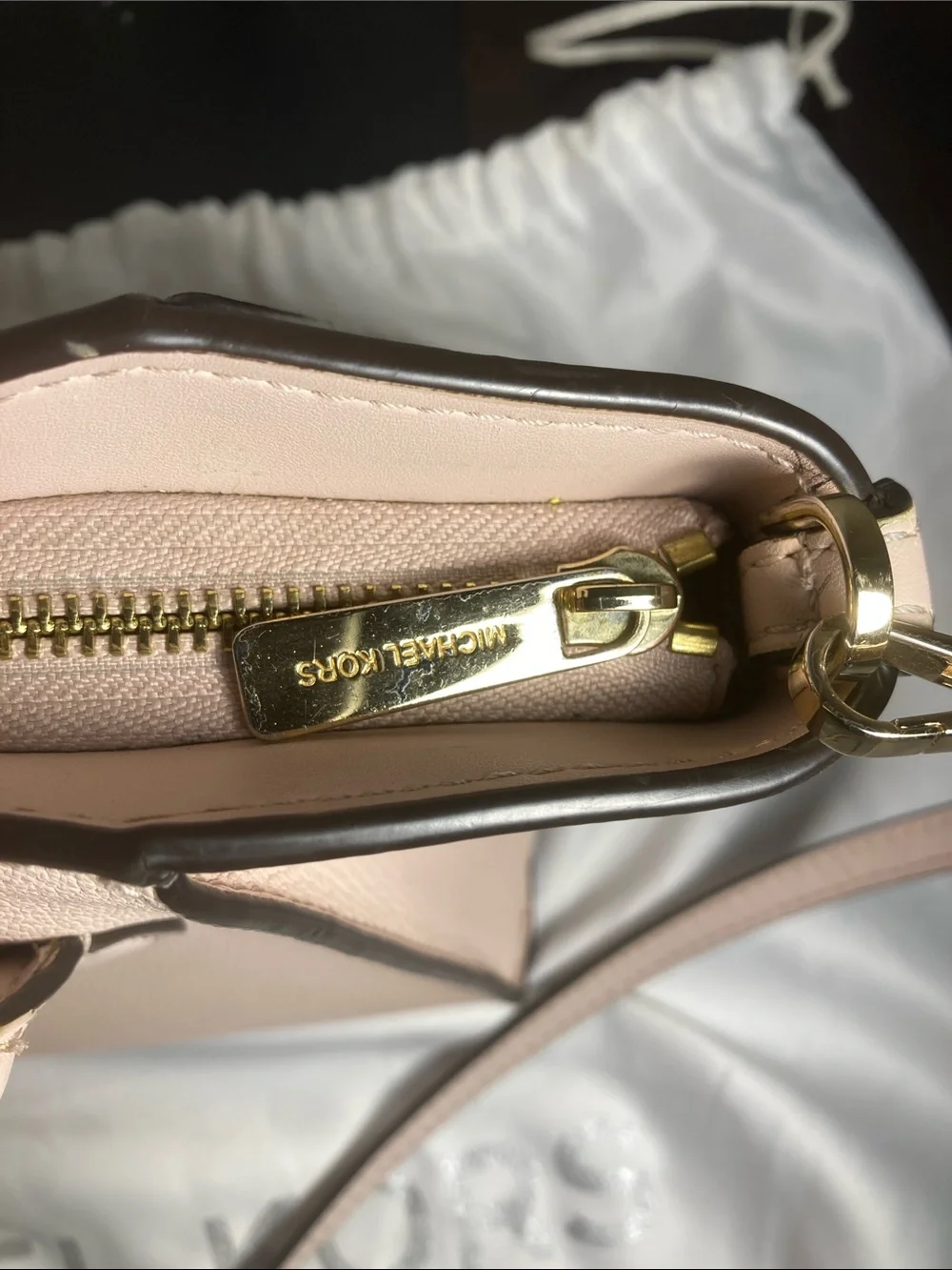 Michael Kors Avril Small Pebbled Leather Top-Zip Satchel in Powder pink Blush.